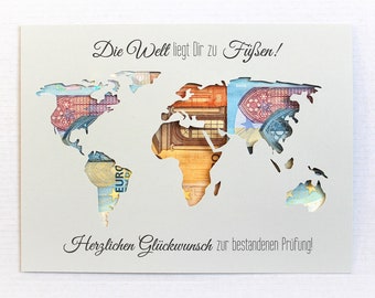 Geldgeschenk zum Abitur Weltkarte Abi Prüfung individuelles Geldgeschenk Farbwahl