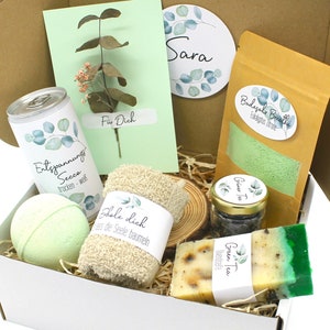 Vegan: Personalized wellness box Eucalyptus gift box Herbal soap Bath bomb Gift idea with name Thyme Green tea Get well soon
