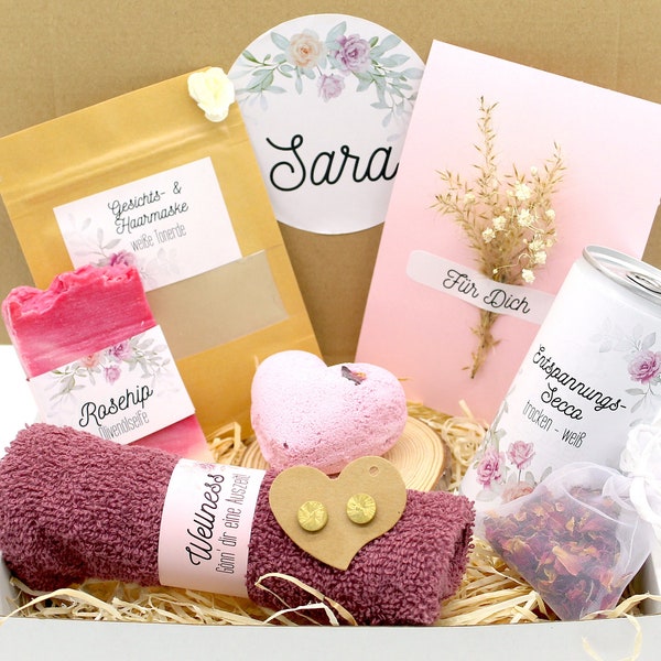 Personalisierte Geschenkbox für Frauen Rose handgemachte Seife Messing Ohrringe Geschenk Freundin Wellnessbox Rose Badekugel