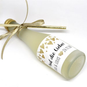 10x or 3x bottle labels for wedding gifts JGA hen party Piccolo sparkling wine with name and date heart gold look