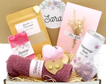 Personalisierte Geschenkbox für Frauen Rose handgemachte Seife Messing Ohrringe Geschenk Freundin Wellnessbox Rose Badekugel