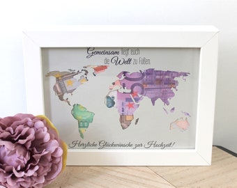 Geldgeschenk zur Hochzeit Weltkarte mit Rahmen individuelles Hochzeitsgeschenk