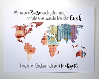 Money gift for the wedding World map with name individual wedding gift - wherever your journey may go