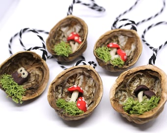 Tree decoration Walnut owl and fly agaric 5 pieces per set 4.38 EURO/piece Christmas tree decoration handmade wood nutshells