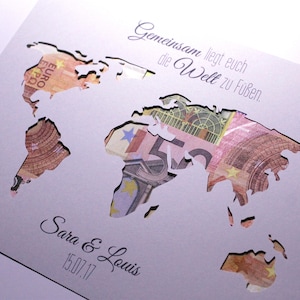 Geldgeschenk zur Hochzeit Weltkarte mit Namen individuelles Hochzeitsgeschenk Bild 3