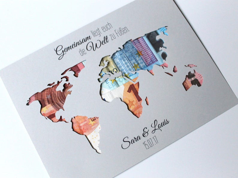 Geldgeschenk zur Hochzeit Weltkarte mit Namen individuelles Hochzeitsgeschenk Bild 4