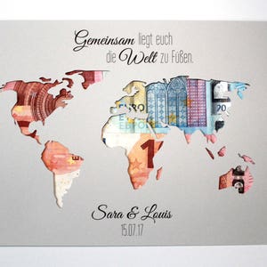 Money gift for the wedding world map with name individual wedding gift