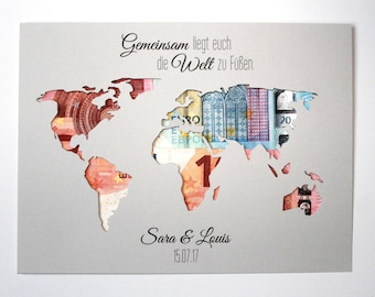 Money gift for the wedding world map with name individual wedding gift