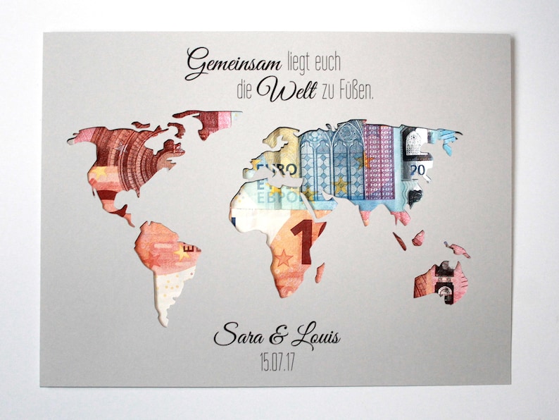 Geldgeschenk zur Hochzeit Weltkarte mit Namen individuelles Hochzeitsgeschenk Bild 1