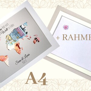 Geldgeschenk zur Hochzeit mit RAHMEN A4 Weltkarte mit Namen individuelles Hochzeitsgeschenk ... Gemeinsam Welt zu Füßen