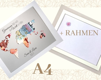 Geldgeschenk zur Hochzeit mit RAHMEN A4 Weltkarte mit Namen individuelles Hochzeitsgeschenk ... Gemeinsam Welt zu Füßen