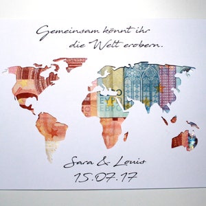 Money gift for the wedding world map with name individual wedding gift