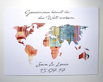 Money gift for the wedding world map with name individual wedding gift