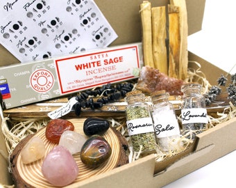 Mondphasen Mystery Box Kristalle Räucherstäbchen Palo Santo Kräuter Drusen Kristall Cluster Ritual Kit Vollmond Neumond Mondkalender 2023