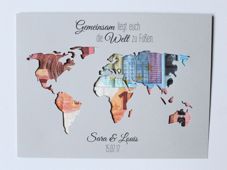 Geldgeschenk zur Hochzeit Weltkarte mit Namen individuelles Hochzeitsgeschenk Bild 5