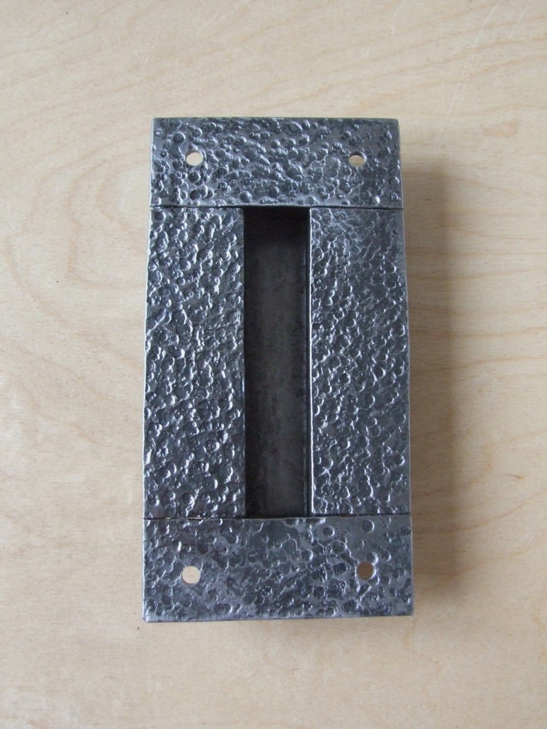 Hand forged sliding barn door pulls Flush recessed finger handles Industrial loft handle Wrought hammered metal rusty rectangular door pull