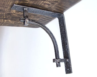Blacksmith made hand forged iron metal shelf brackets Wrought hammered steel mantle brackets corbels Custom shelving storage support shelves