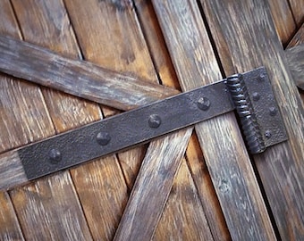 Pair of hand forged barn door hinges Industrial steel wroght rebar gate hardware Iron large rustic loft garage strap hammered brackets