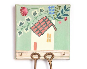 Key holder for entryway wall painted on canvas, Gift idea for housewarming