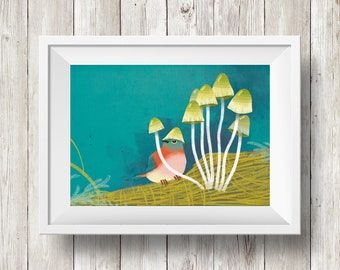 Bird and mushrooms print, Fall in the woods illustration for frame, Nursery poster decoration, Decorative gift for nature lovers