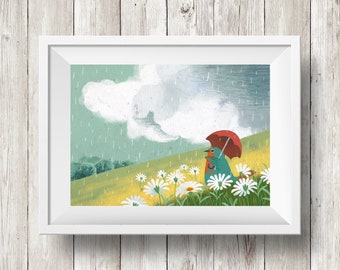 Bird with umbrella digital print , Spring illustration, Art wall for frame, Nursery poster decoration, Decorative gift for nature lovers