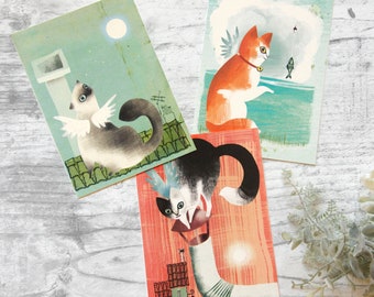 Postcard set art cats, Printed note cards, Illustration cards set, Birthday card gift for her,  Children illustration tiny prints