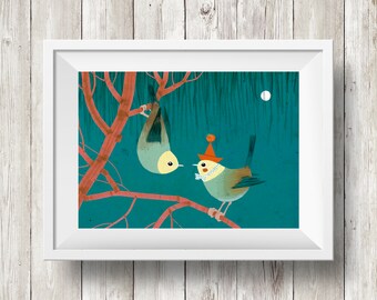 Two birds illustration print for frame, Children's room decoration, Colourful art