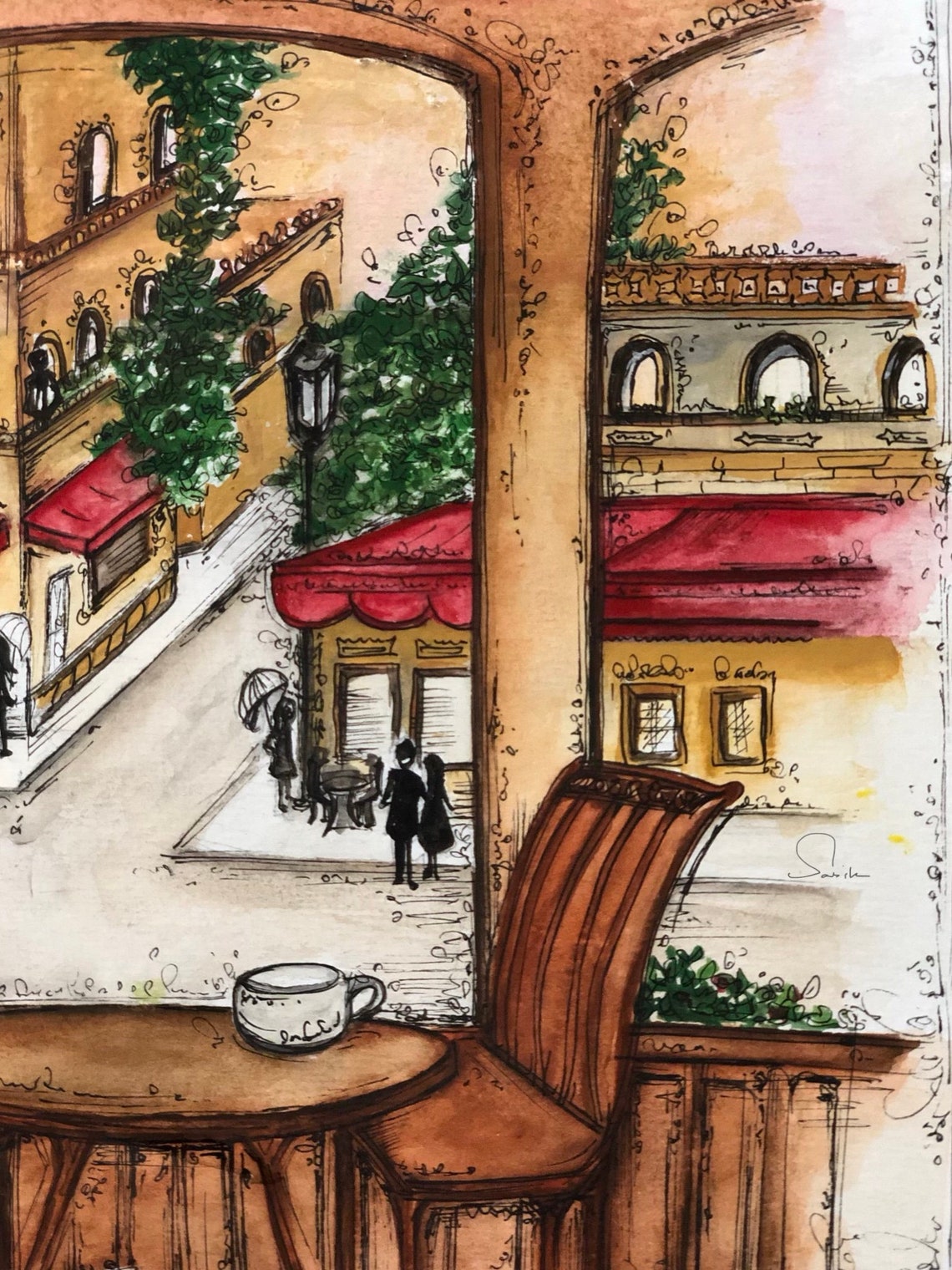 Watercolour Cafe Painting, Cafe Water Colour Painting, Coffee in a Cafe