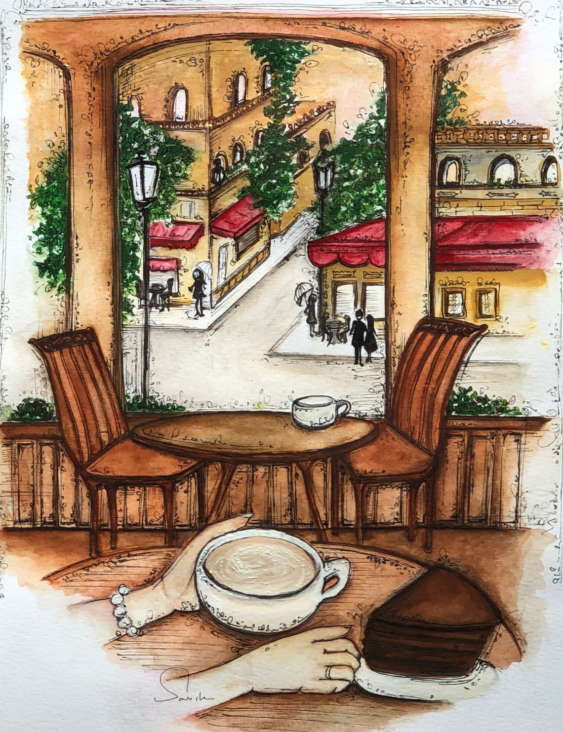 Watercolour Cafe Painting, Cafe Water Colour Painting, Coffee in a Cafe