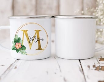 gepersonaliseerde initiële emaille bloemen mok. mok voor mama. Mok voor buiten. Cadeau voor een vriend. Tuiniers mug.gift voor nan. Camping mok.