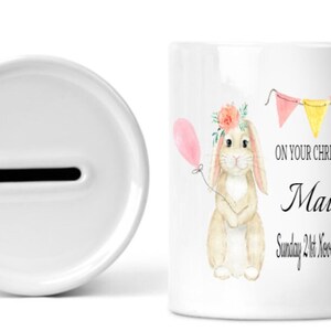 Personalised Christening money box -personalised money box-First money box-Christening Gift- keepsake- Rabbit money box-Custom name gift.