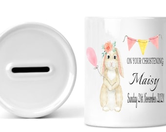 Personalised Christening money box -personalised money box-First money box-Christening Gift- keepsake- Rabbit money box-Custom name gift.