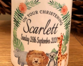 Personalised Christening money box - Personalised Money box- Christening Money box- Baby Keepsake - Jungle animals money box
