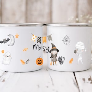 Halloween personalised enamel mug, Pair of mugs ,Treat or treat, Pumpkins, Ghosts,Witches, Frankenstein, Bats, Gifts for Boys or Girls. Boo