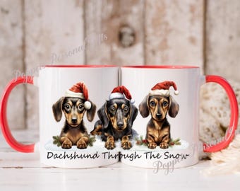 Taza de perro salchicha, taza de Navidad de perro salchicha, taza de perro salchicha a través de la nieve, taza de Navidad, regalo de perro salchicha