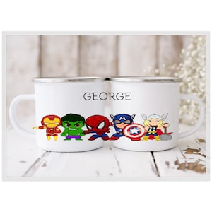 Personalised Super Hero enamel mug. Kids camping cup.  Hot chocolate Mug. Personalised Kids mugs. Outdoors Mugs. Kids Birthday gift.