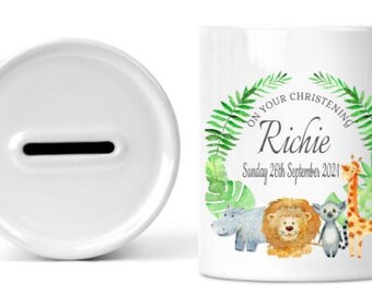 Personalised Christening money box- Personalised Money box - Christening Money box- Baby keepsake- Jungle animals money box