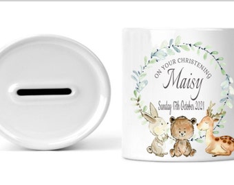 Personalised Christening money box -personalised money box-First money box,Christening Gift,keepsake,Woodland Animal money box,nursery