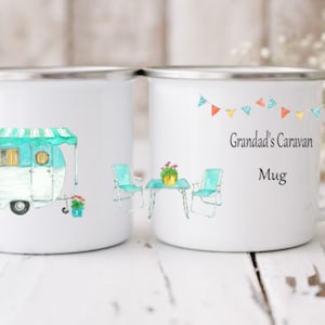 Personalised caravan enamel mug. Caravan gift. Pair of mugs. Outdoors mug. Personalised gift. Wedding gift.