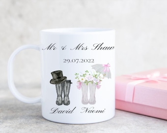 Personalised wedding mug and optional coaster set. Couples gifts. Wedding day gift. Wedding wellies design. His & hers gifts.Bride and Groom