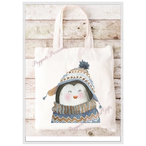 Penguin Winter tote bag, Artic wildlife Bag, Reusable tote bag, Penguin woolly hat bag, Christmas Gift