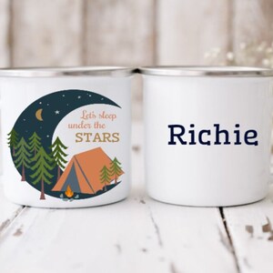 Personalised Camping enamel mug, Tent mug, Outdoors mug, Camping holidays, Child&#39;s mug, Caravan mug, Campfire mug, hot chocolate mug.