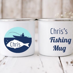 Personalised Fishing enamel mug, Personalised gift, Fathers day, Fishing gift, Birthday Gift, Mug for fishing, Fishing lover, Gift for Dad