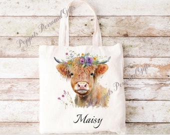 Personalised Highland cow tote bag, Reusable bag, Bag for life, Highland cattle bag, Floral Highland cow bag, tote gift