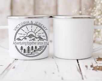 Personalised enamel couples wedding mug. Mountain design, Adventures together mug. Engagement gift. athe outdoors mug. Coffee mug.