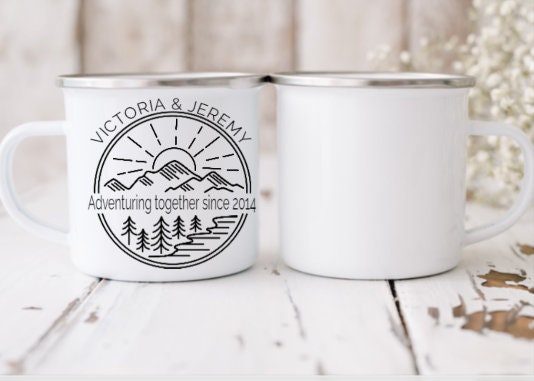 Personalised enamel camping mug. Mountain design, Adventures together mug. Engagement gift. The outdoors mug. Coffee mug. Couples mugs