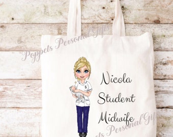 Personalised Student midwife tote bag, Reusable bag, University bag, Book bag, Midwife gift, Student gift, student nurse. Graduate gift