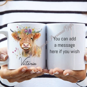 Personalised Highland cow mug, Scottish cow. Personalised mug, Various designs. Gift for her, Personalised gift. Mother&#39;s Day mug.Floral cow