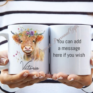 Personalised Highland cow mug, Scottish cow. Personalised mug, Various designs. Gift for her, Personalised gift. Mother's Day mug.Floral cow