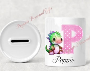 Personalised kids dinosaur money box, Dinosaurs, first money box, Initial money box, Piggy bank,Pink dinosaur, Gift for a child.